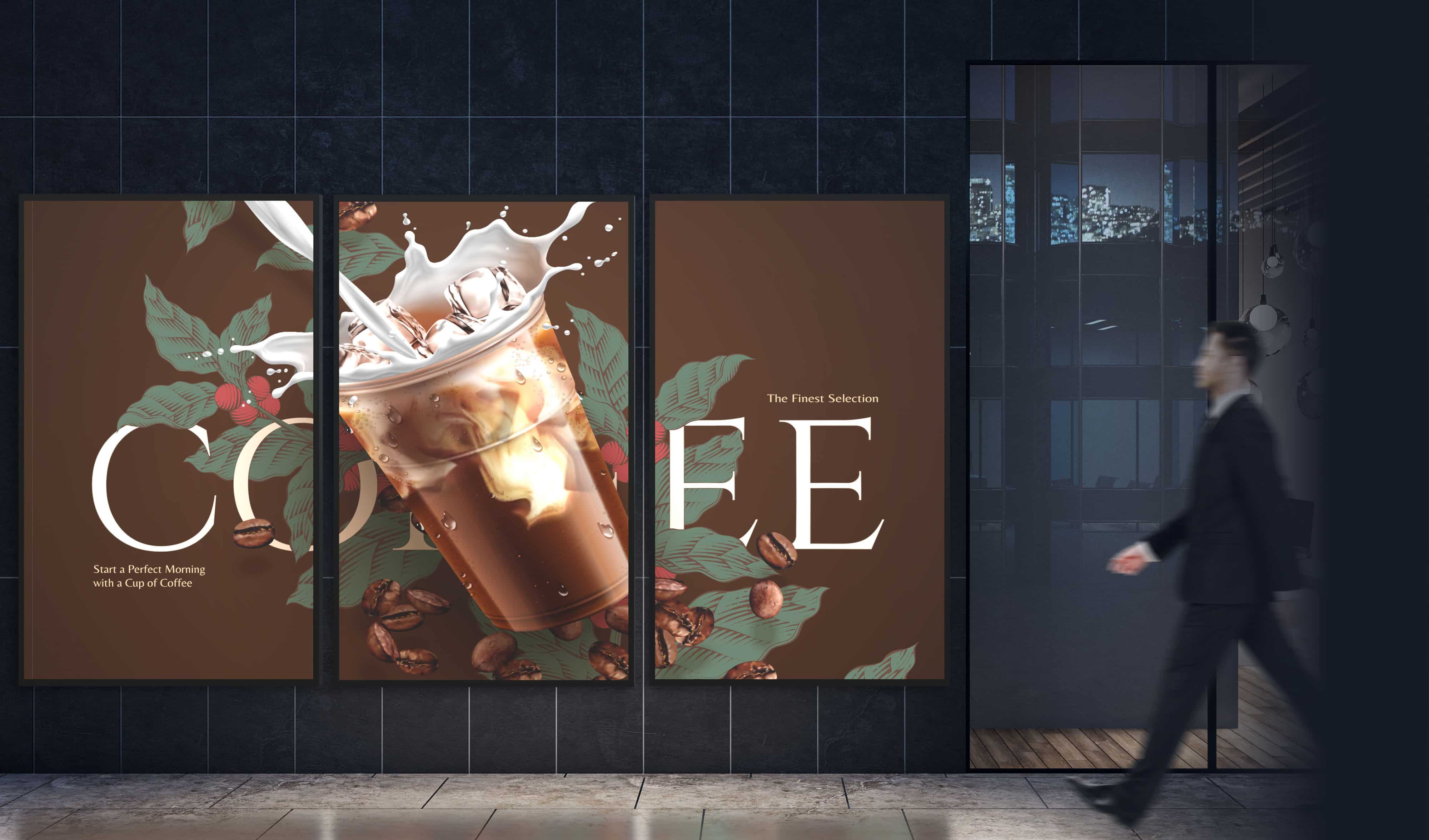 Un homme d'affaires passe devant trois écrans Série N qui affichent une publicité pour une boisson à base de café.